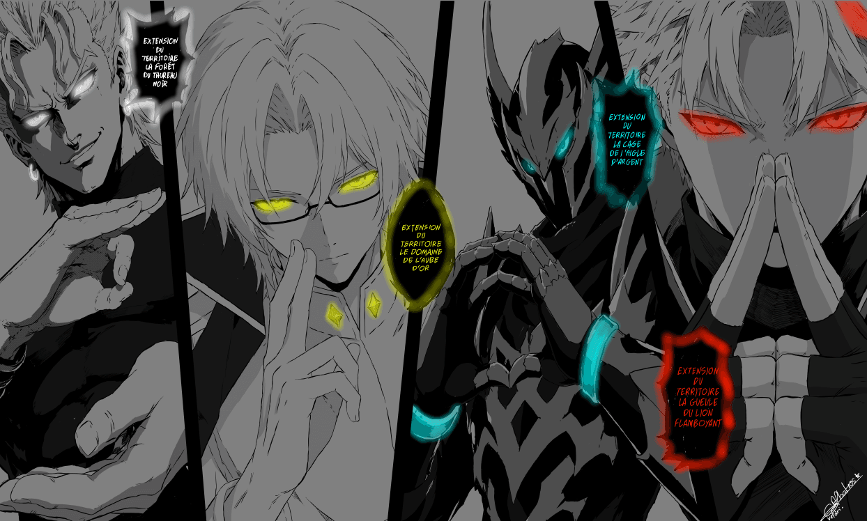 Les capitaines de Clover utilisant leurs extensions de territoire dans un style manga sombre